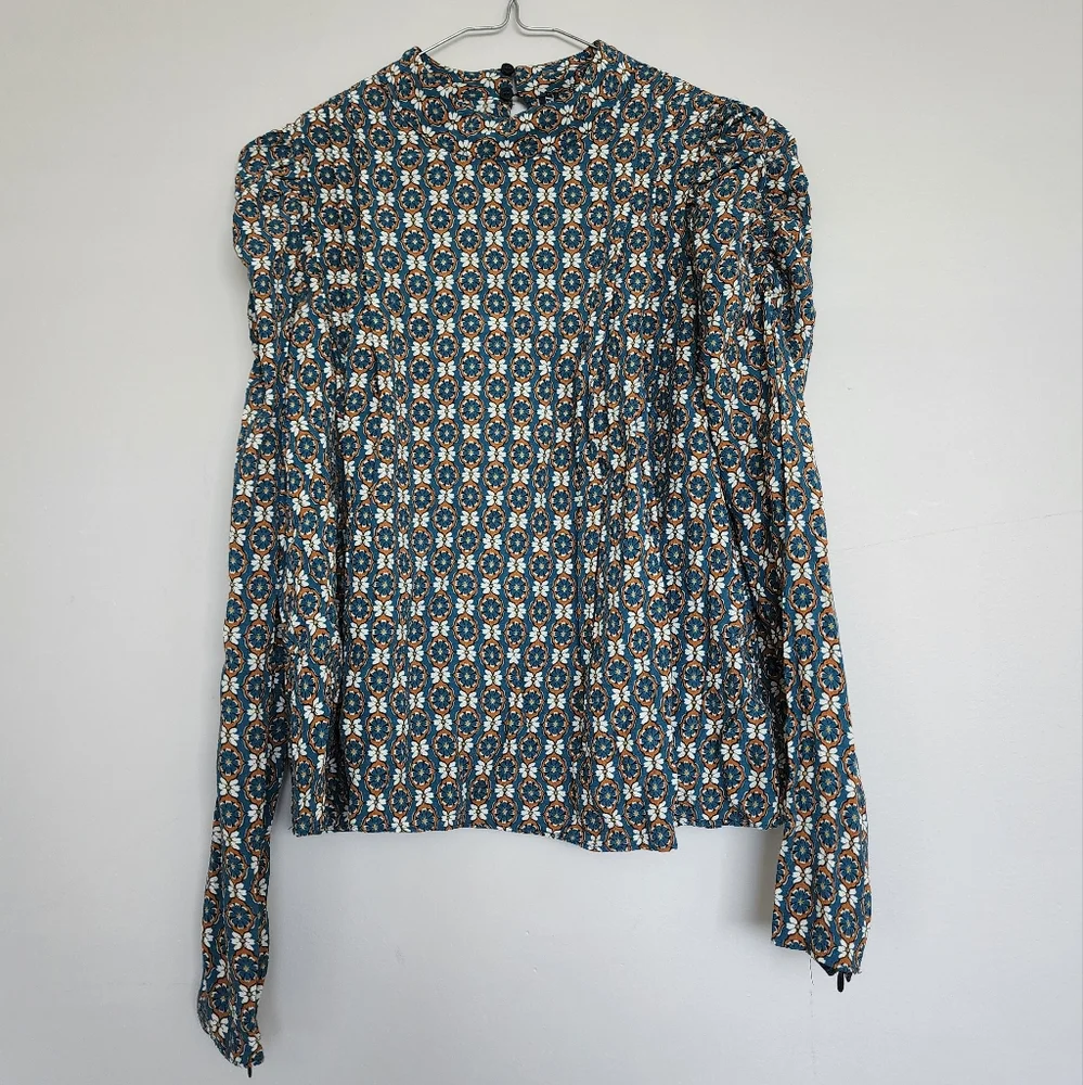 Zara Longsleeve Blouse Shirt Blue Tan Pattern - Picture 1 of 10